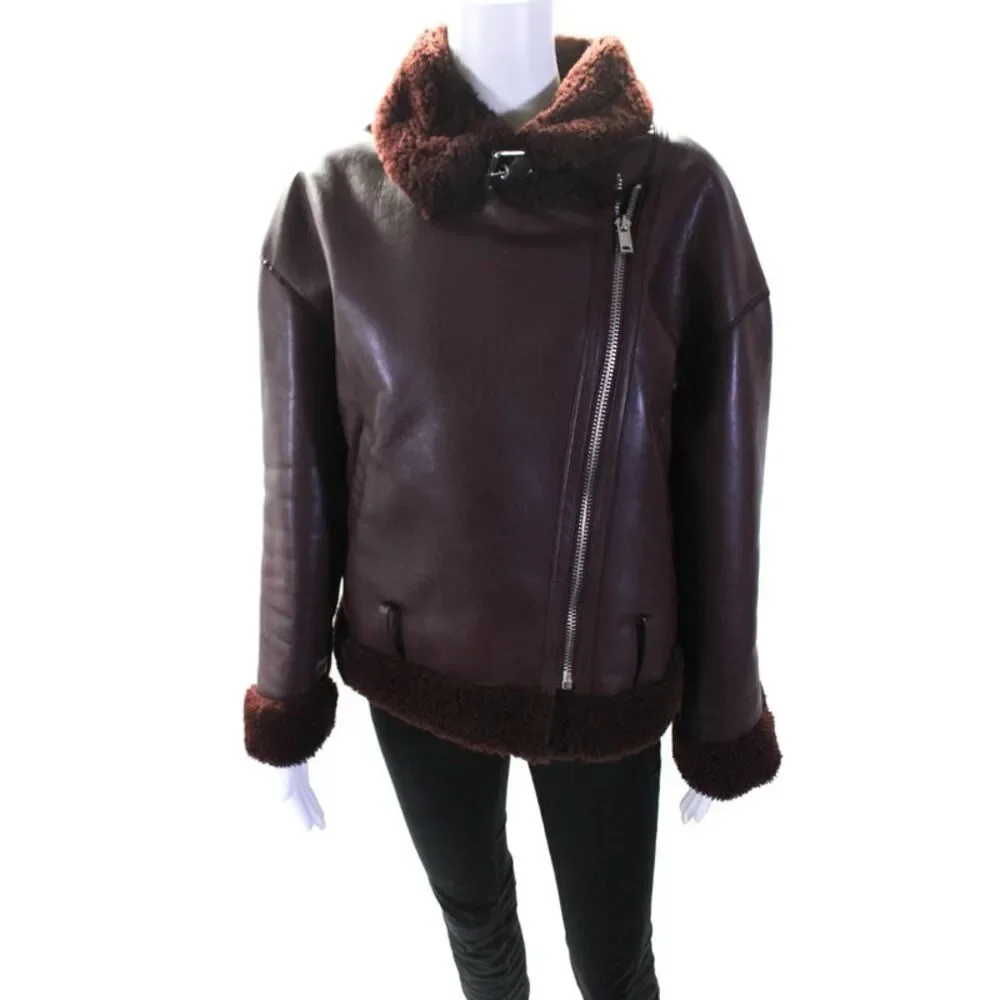 Zara Womens Faux Leather Zipper Closure Jacket Wine Red Size Medium
